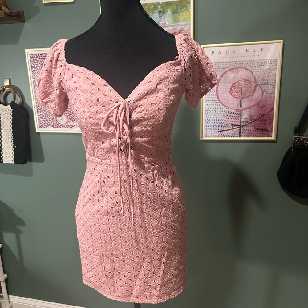 SOLD Pink Ruched Bodycon Mini Dress with Sweetheart Neckline - Picture 1 of 5